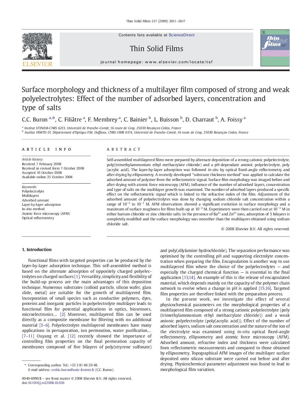 Surface morphology and thickness of a multilayer film composed of strong and weak polyelectrolytes: Effect of the number of adsorbed layers, concentration and type of salts