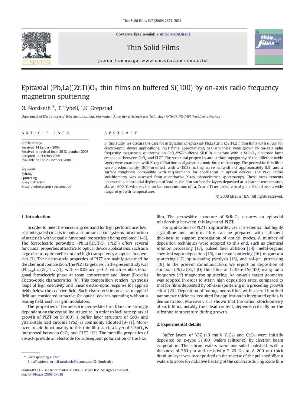 Epitaxial (Pb,La)(Zr,Ti)O3 thin films on buffered Si(100) by on-axis radio frequency magnetron sputtering