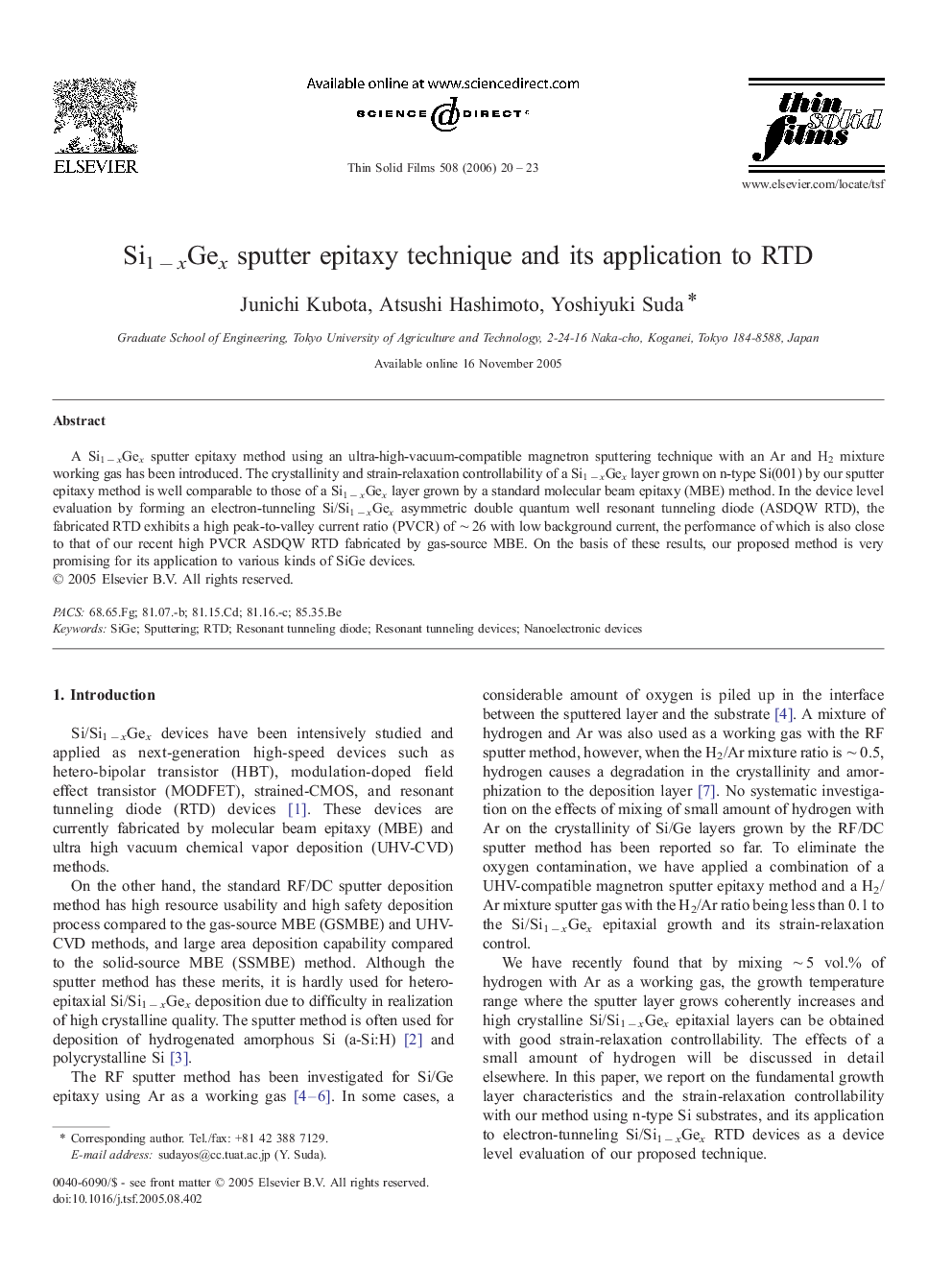 Si1 − xGex sputter epitaxy technique and its application to RTD