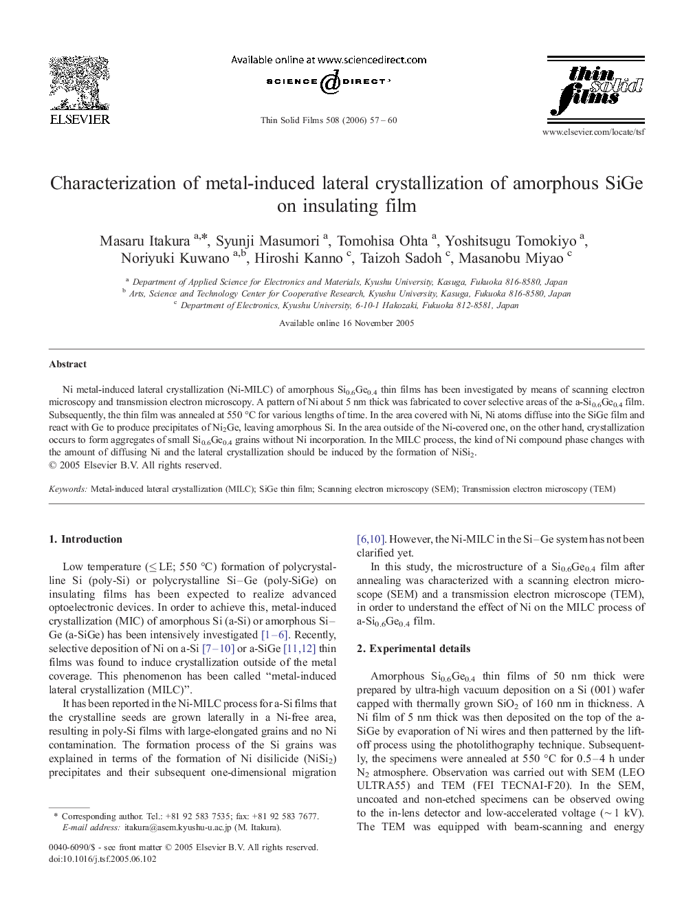 Characterization of metal-induced lateral crystallization of amorphous SiGe on insulating film