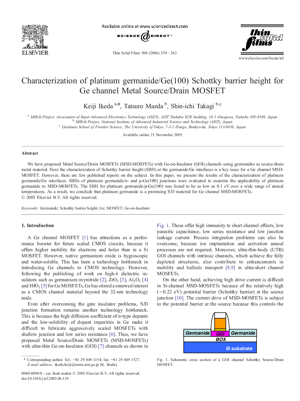 Characterization of platinum germanide/Ge(100) Schottky barrier height for Ge channel Metal Source/Drain MOSFET