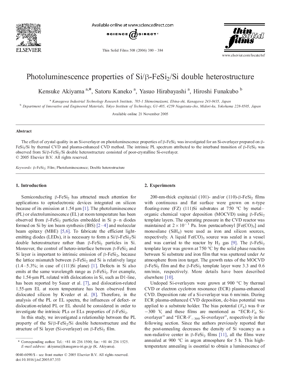 Photoluminescence properties of Si/Î²-FeSi2/Si double heterostructure