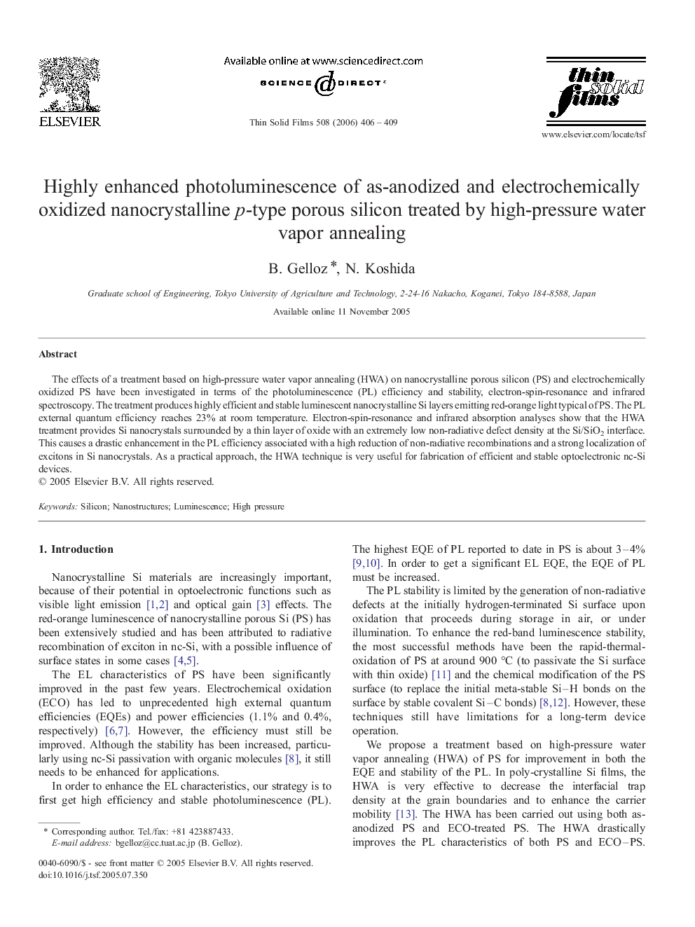 Highly enhanced photoluminescence of as-anodized and electrochemically oxidized nanocrystalline p-type porous silicon treated by high-pressure water vapor annealing