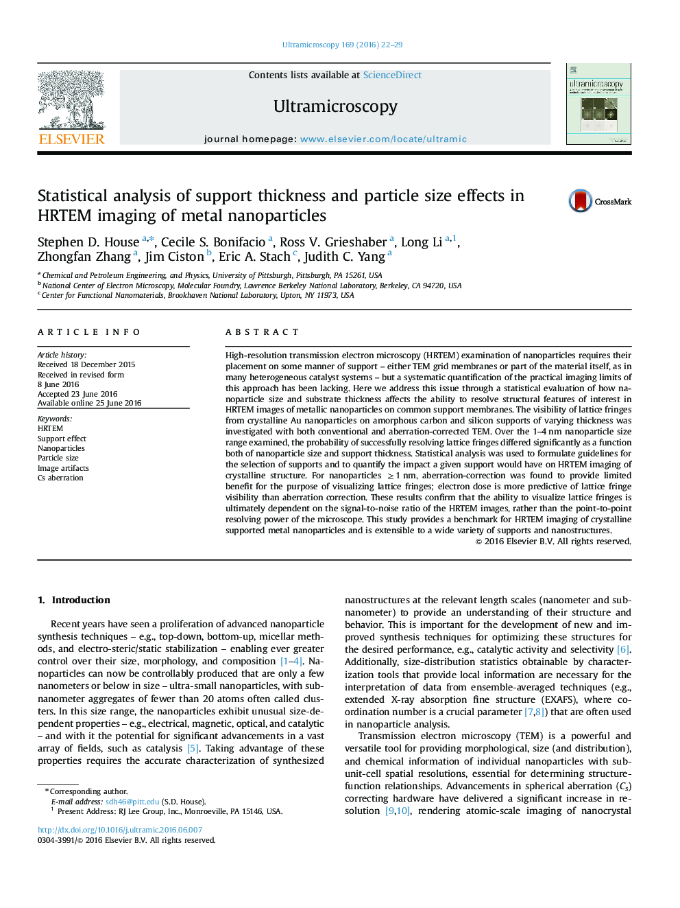 Statistical analysis of support thickness and particle size effects in HRTEM imaging of metal nanoparticles