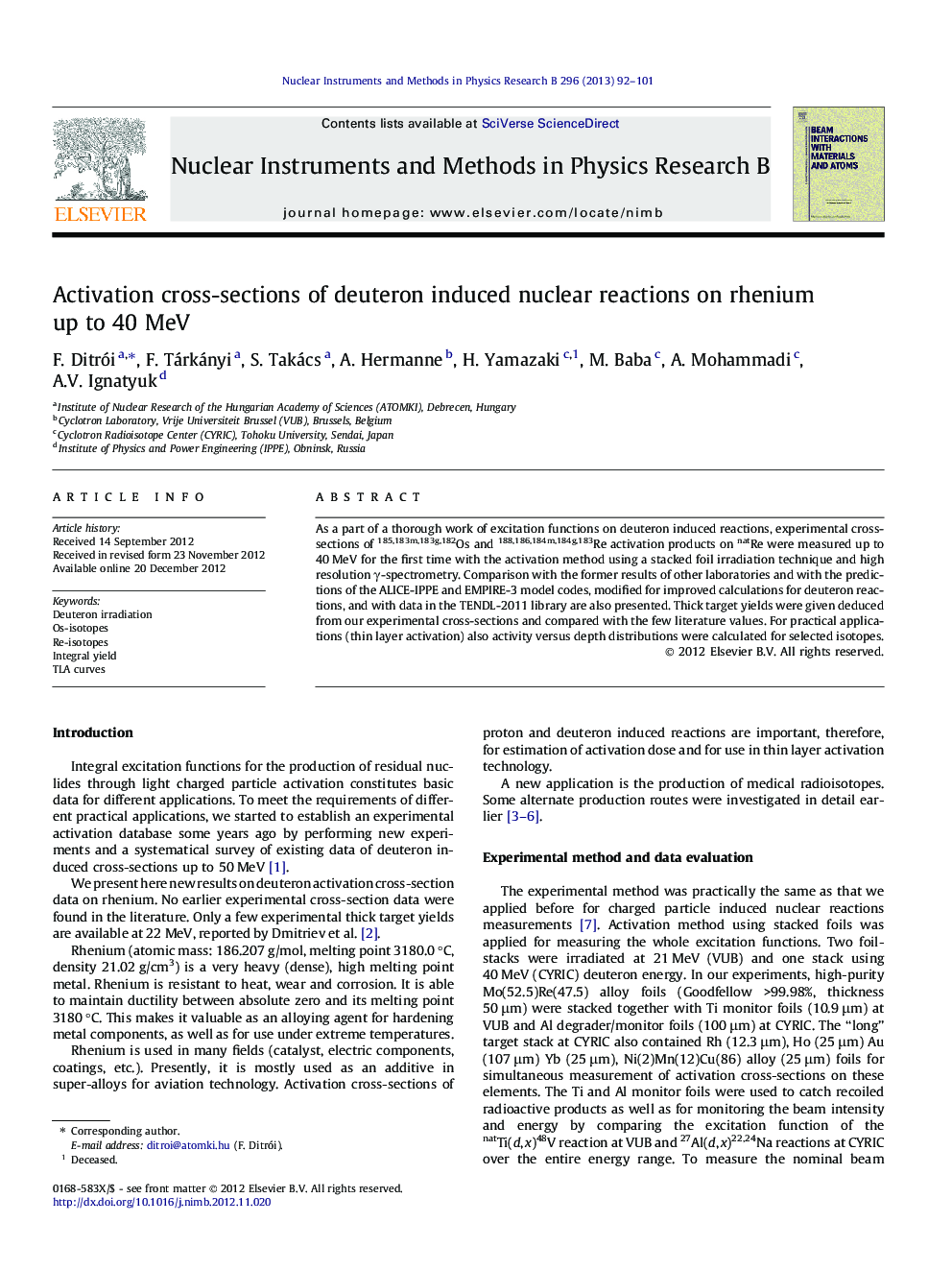 Activation cross-sections of deuteron induced nuclear reactions on rhenium up to 40 MeV