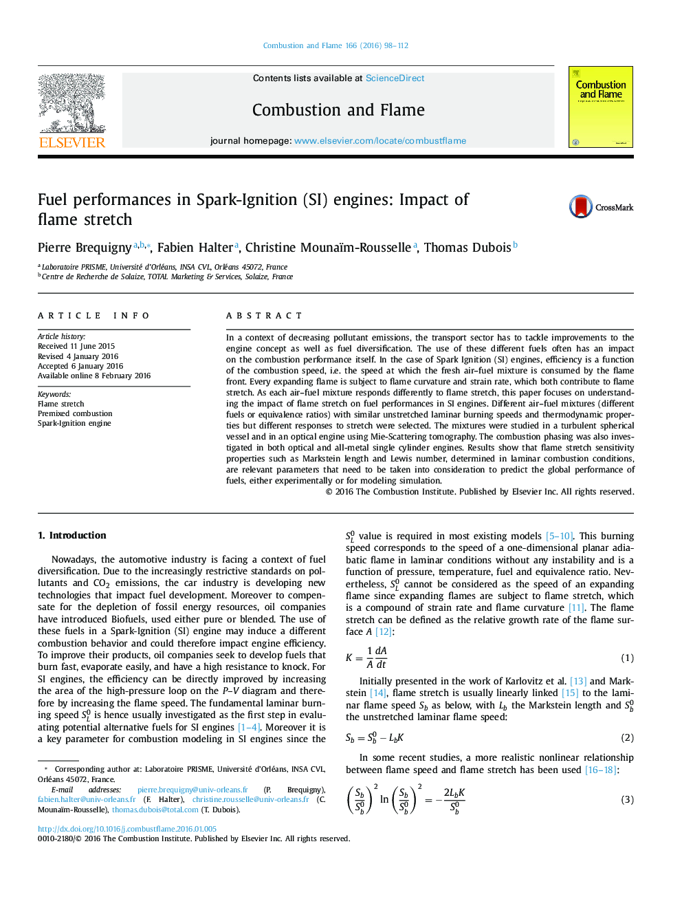 Fuel performances in Spark-Ignition (SI) engines: Impact of flame stretch