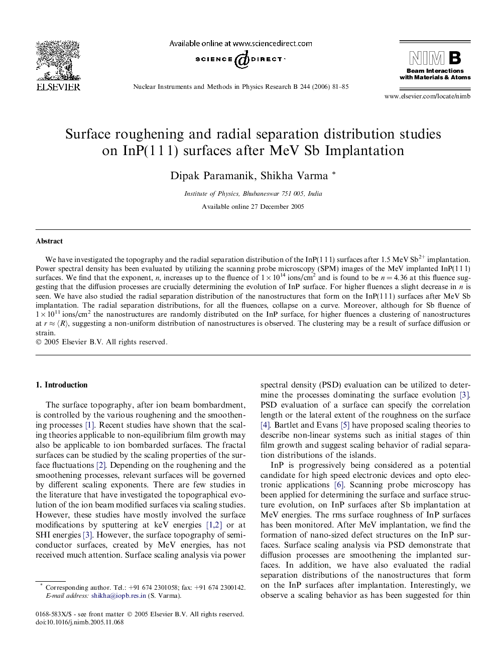 Surface roughening and radial separation distribution studies on InP(1Â 1Â 1) surfaces after MeV Sb Implantation