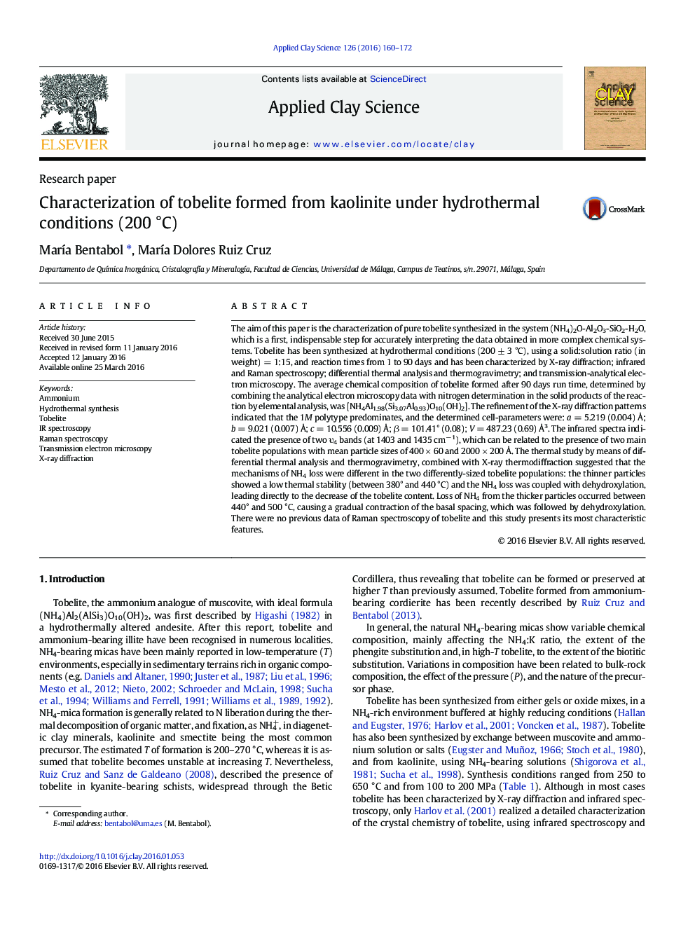 Characterization of tobelite formed from kaolinite under hydrothermal conditions (200 °C)