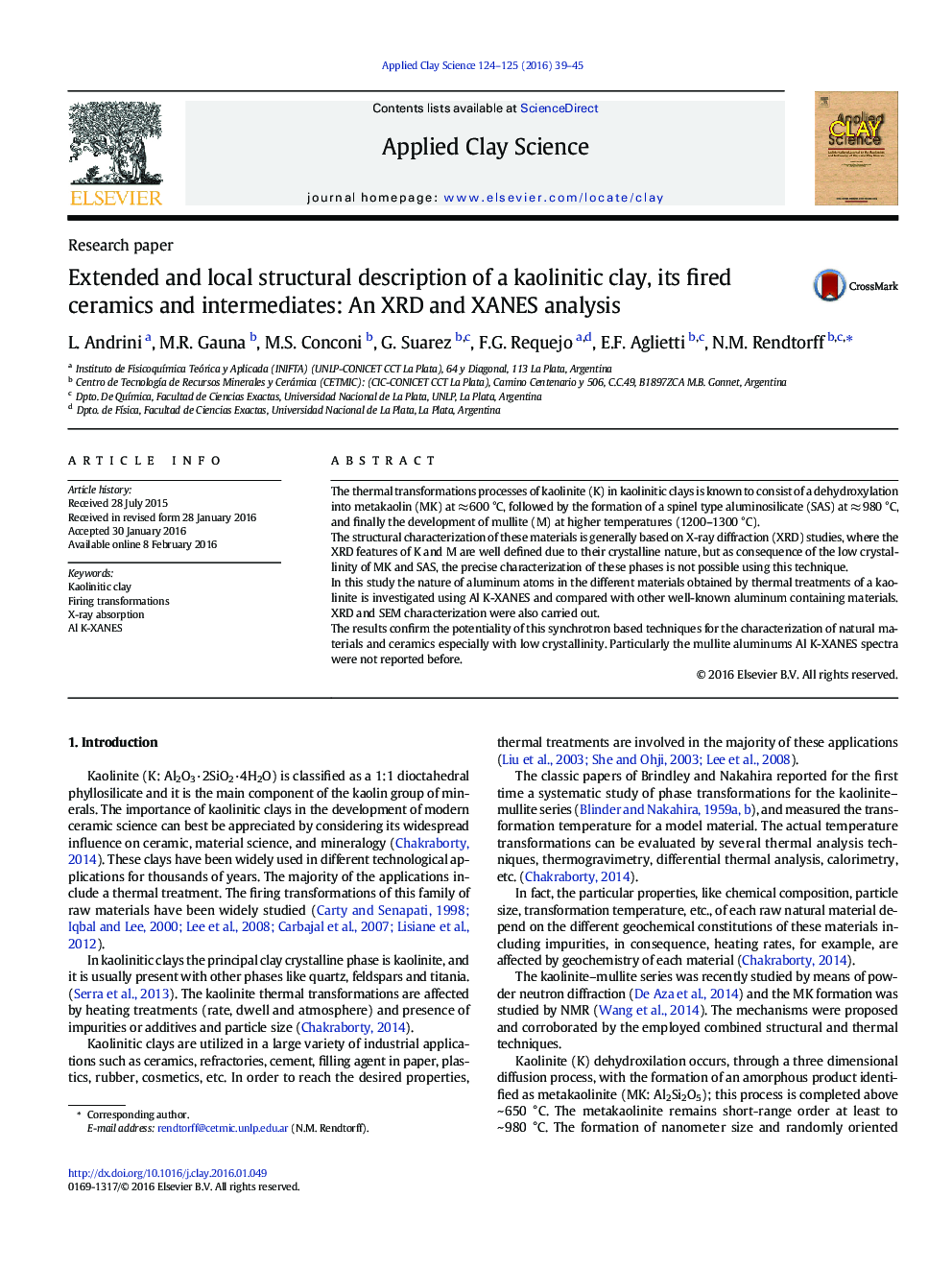 Extended and local structural description of a kaolinitic clay, its fired ceramics and intermediates: An XRD and XANES analysis