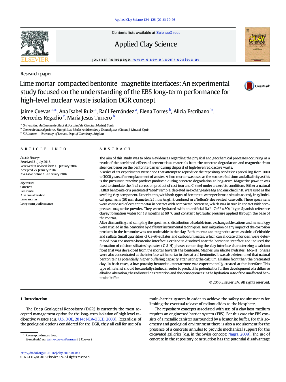 Lime mortar-compacted bentonite-magnetite interfaces: An experimental study focused on the understanding of the EBS long-term performance for high-level nuclear waste isolation DGR concept