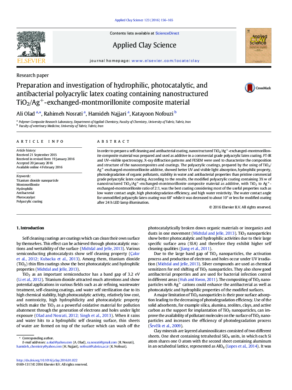 Preparation and investigation of hydrophilic, photocatalytic, and antibacterial polyacrylic latex coating containing nanostructured TiO2/Ag+-exchanged-montmorillonite composite material