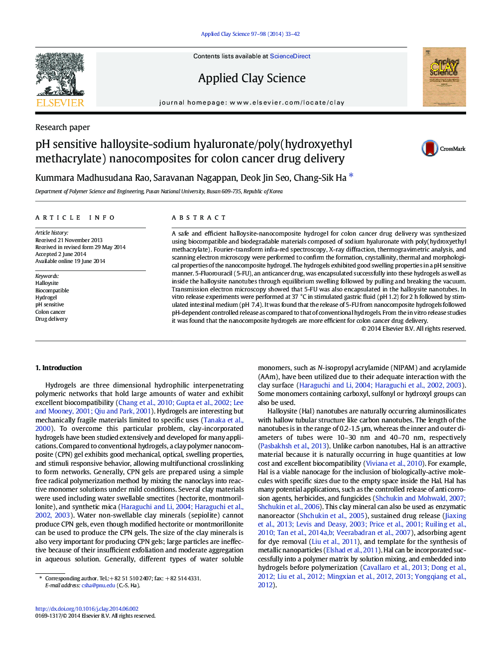 pH sensitive halloysite-sodium hyaluronate/poly(hydroxyethyl methacrylate) nanocomposites for colon cancer drug delivery