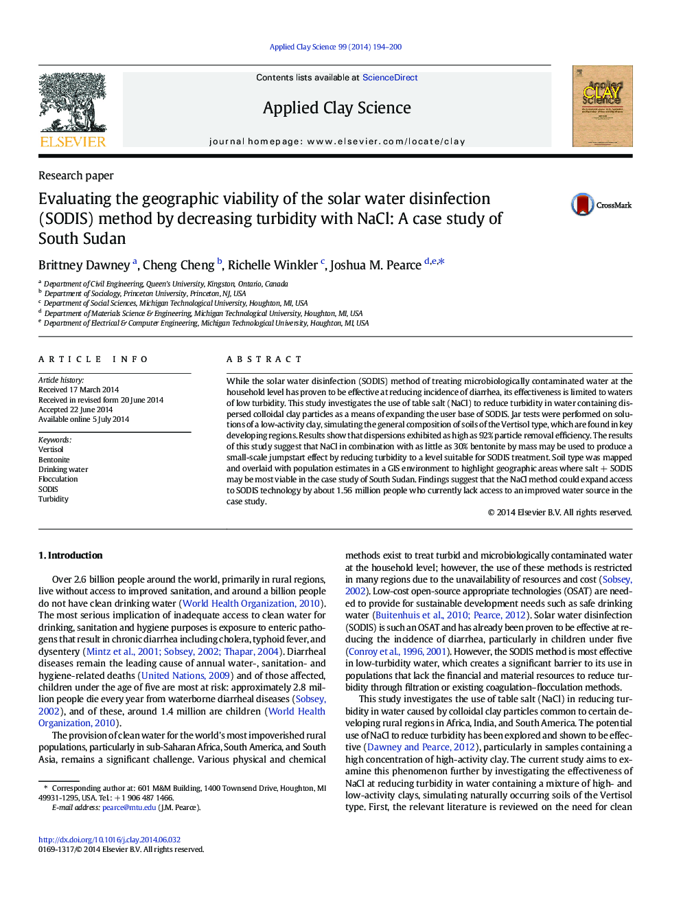 Evaluating the geographic viability of the solar water disinfection (SODIS) method by decreasing turbidity with NaCl: A case study of South Sudan