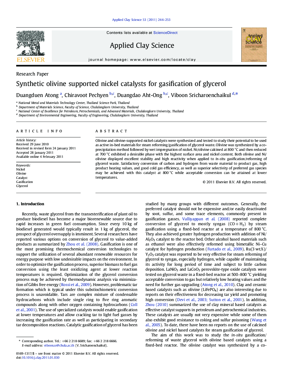 Synthetic olivine supported nickel catalysts for gasification of glycerol