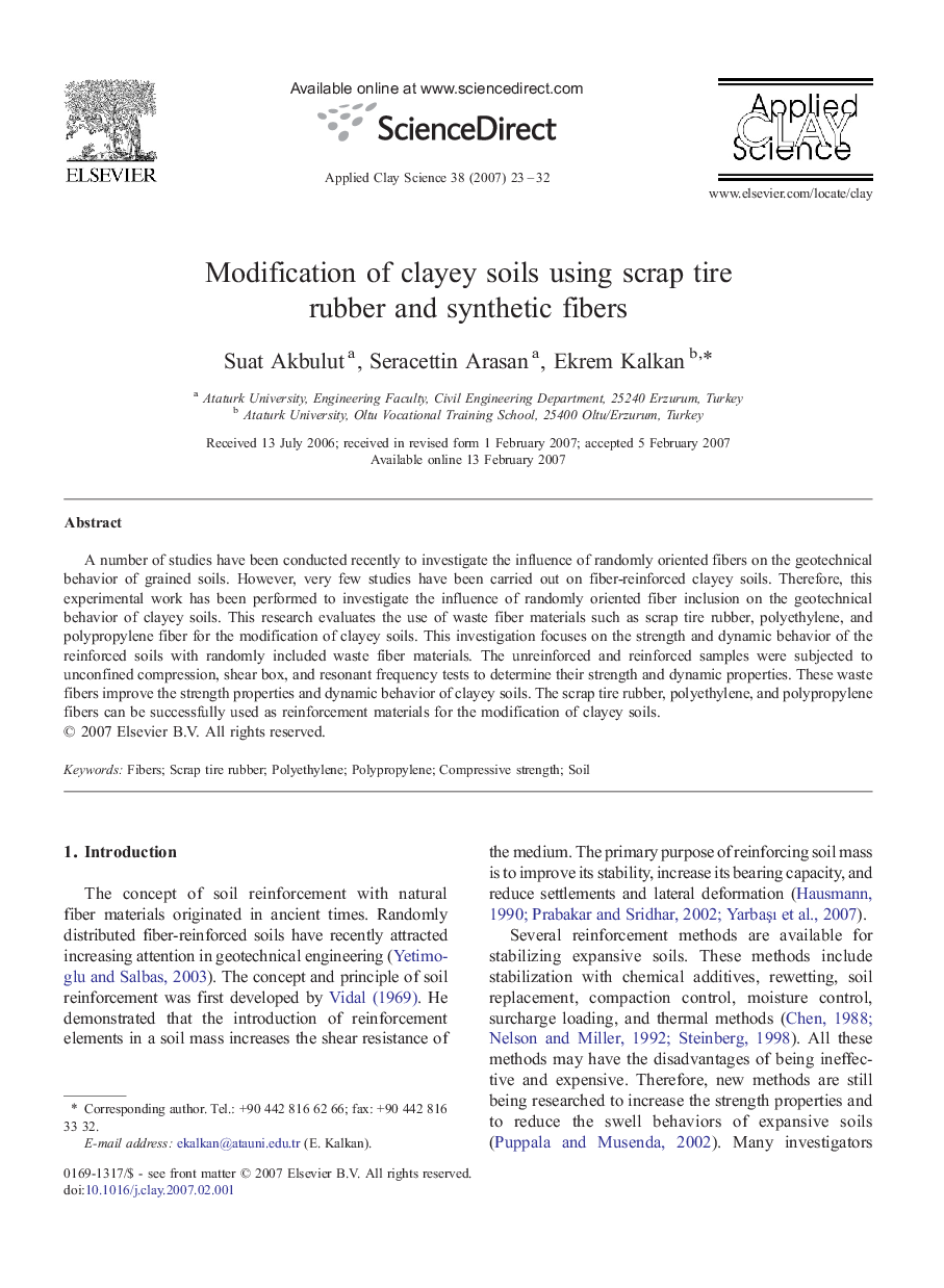 Modification of clayey soils using scrap tire rubber and synthetic fibers