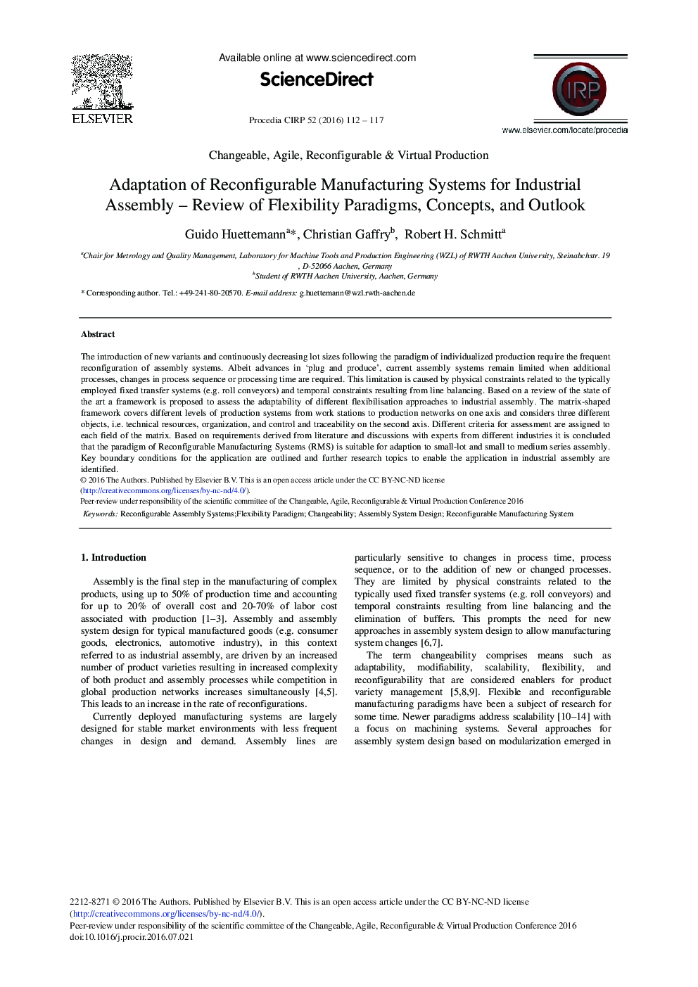 Adaptation of Reconfigurable Manufacturing Systems for Industrial Assembly – Review of Flexibility Paradigms, Concepts, and Outlook 