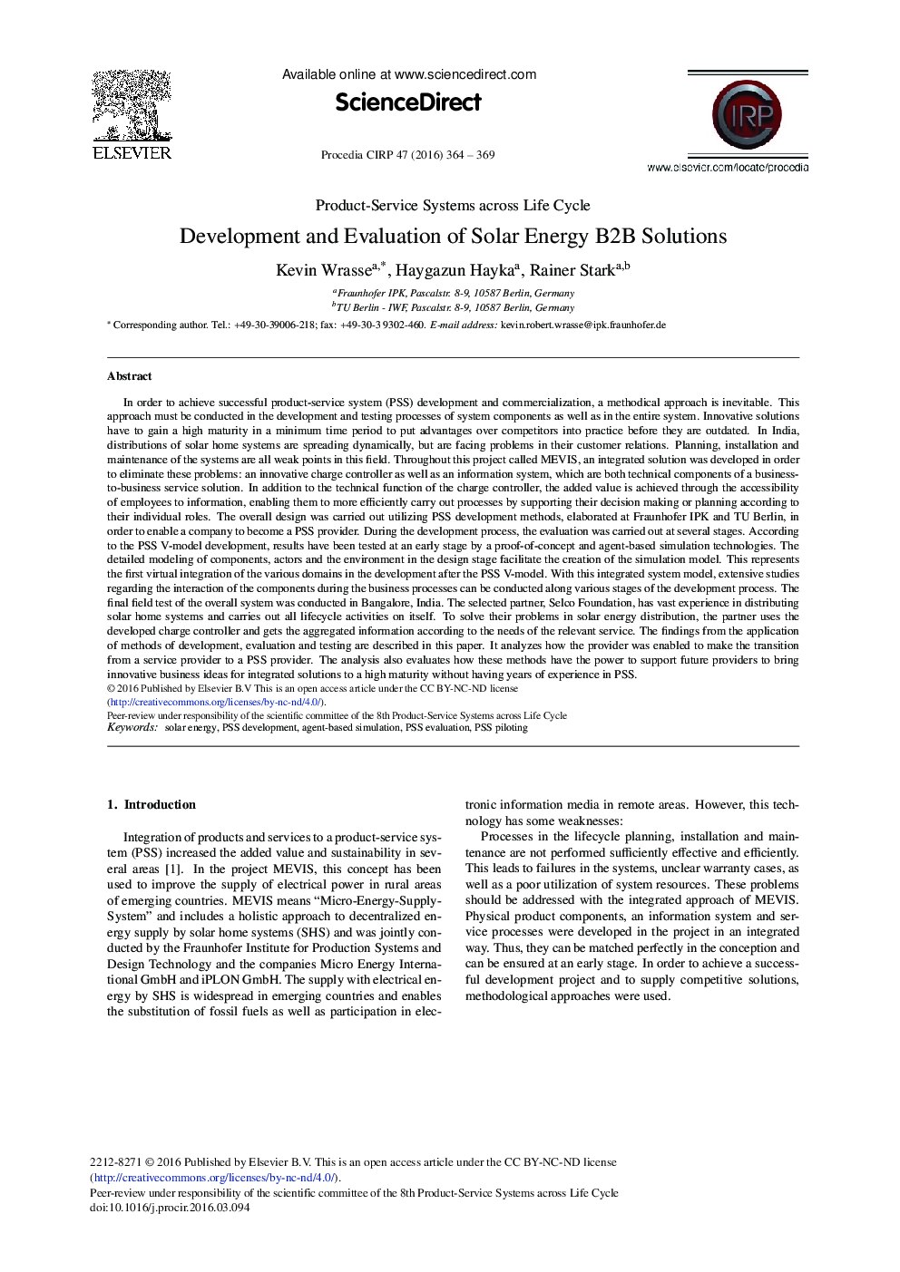 Development and Evaluation of Solar Energy B2B Solutions 
