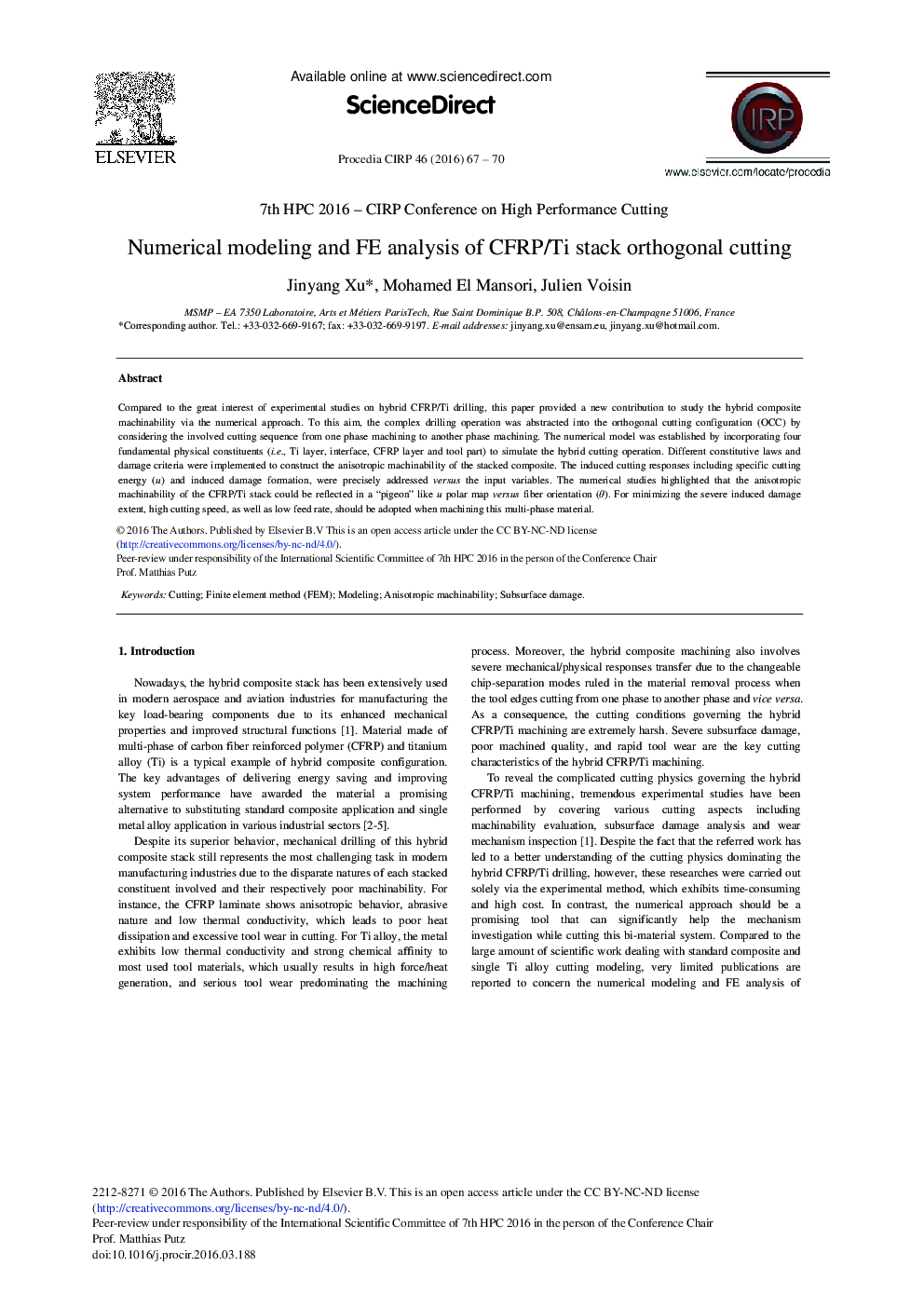 مدل سازی عددی و تجزیه و تحلیل FE از برش متعامد پشته CFRP/تیتانیم 