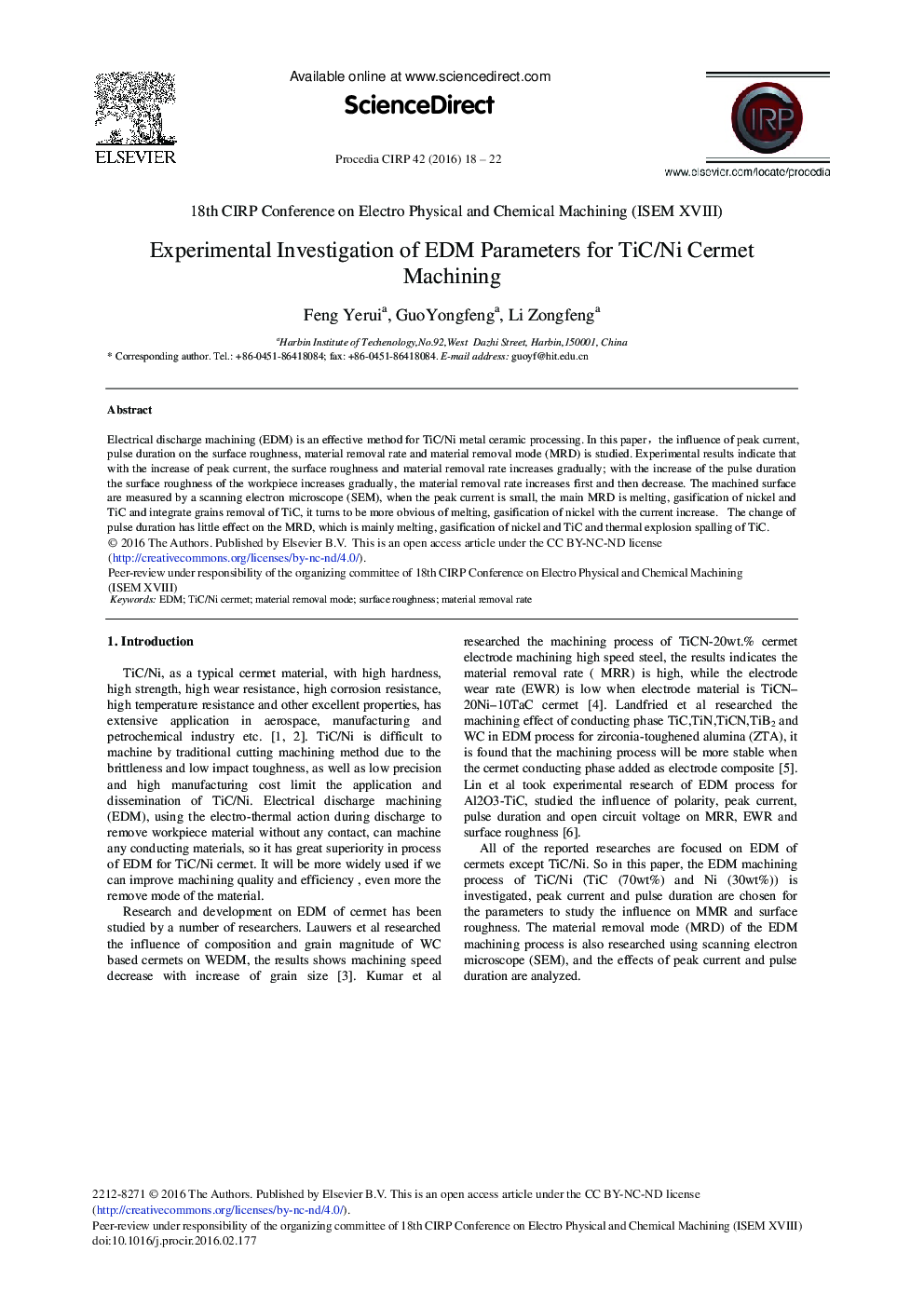 Experimental Investigation of EDM Parameters for TiC/Ni Cermet Machining 