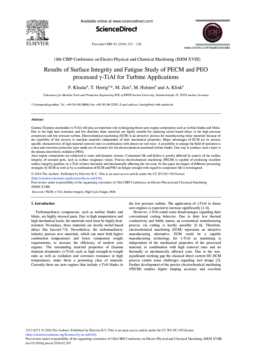 Results of Surface Integrity and Fatigue Study of PECM and PEO Processed γ-TiAl for Turbine Applications 