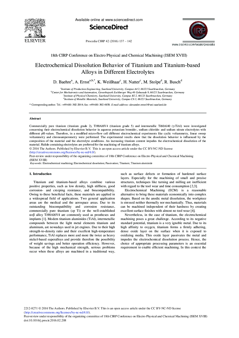 Electrochemical Dissolution Behavior of Titanium and Titanium-based Alloys in Different Electrolytes 