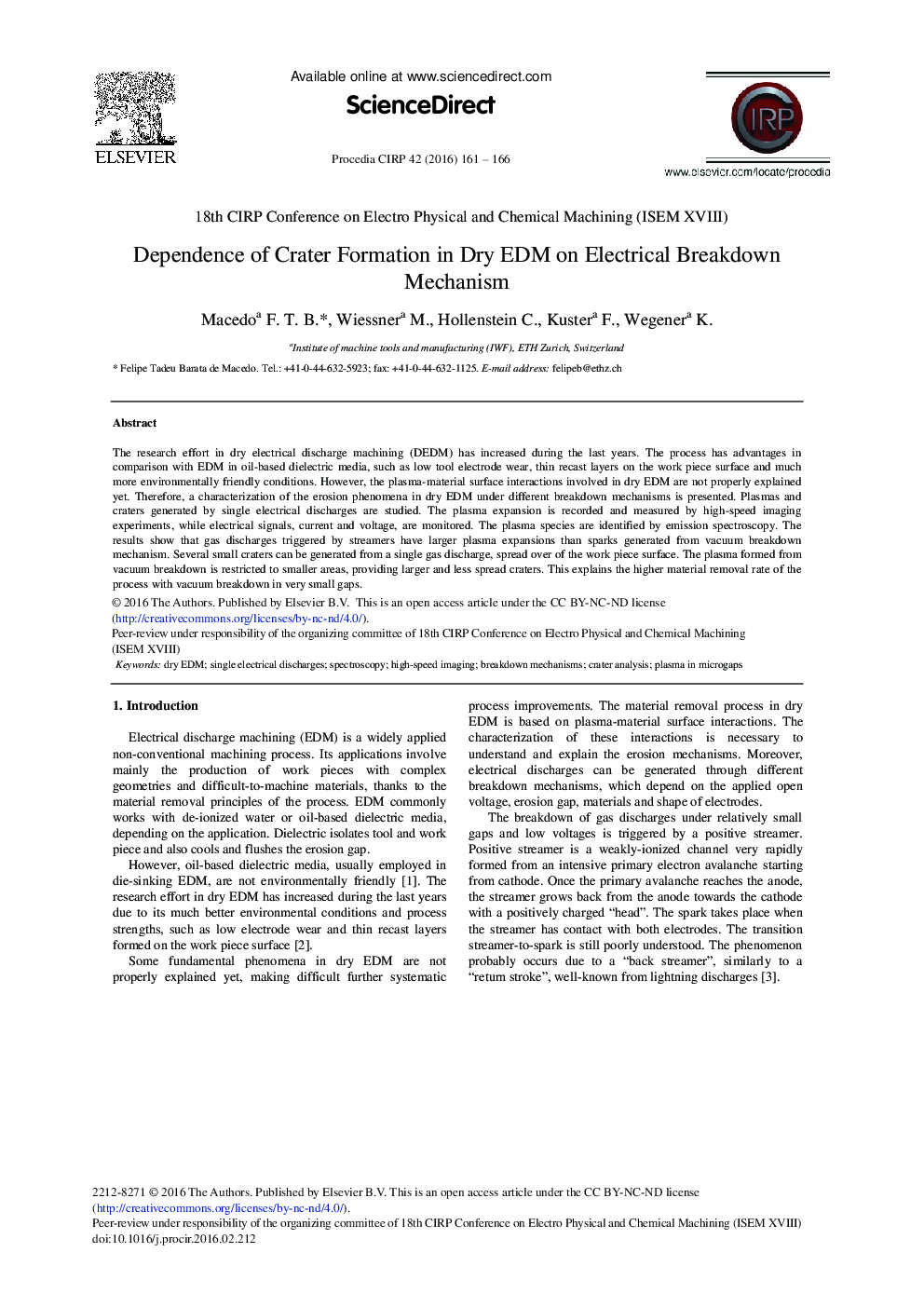 Dependence of Crater Formation in Dry EDM on Electrical Breakdown Mechanism 