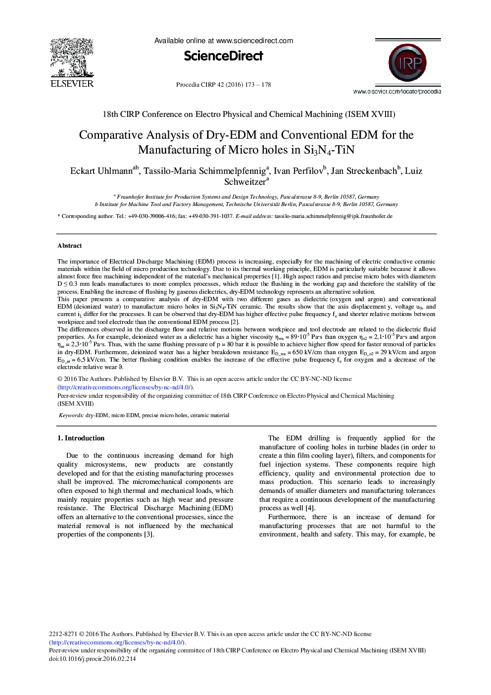 Comparative Analysis of Dry-EDM and Conventional EDM for the Manufacturing of Micro Holes in Si3N4-TiN 