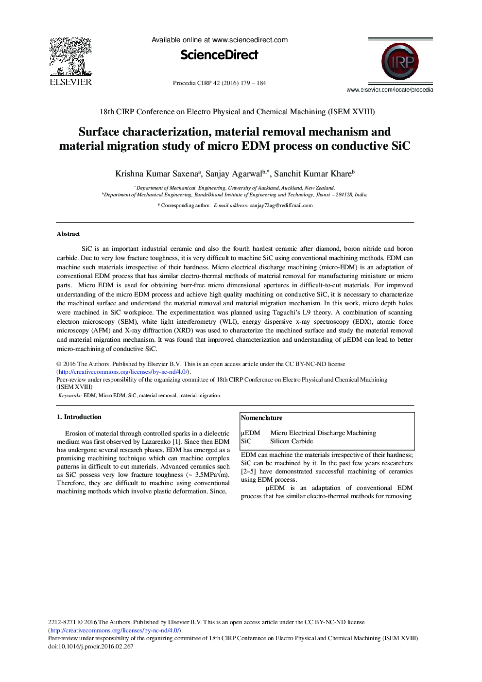 Surface Characterization, Material Removal Mechanism and Material Migration Study of Micro EDM Process on Conductive SiC 