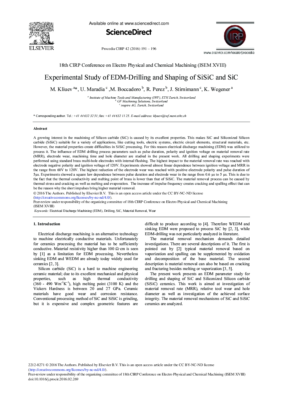 Experimental Study of EDM-Drilling and Shaping of SiSiC and SiC 