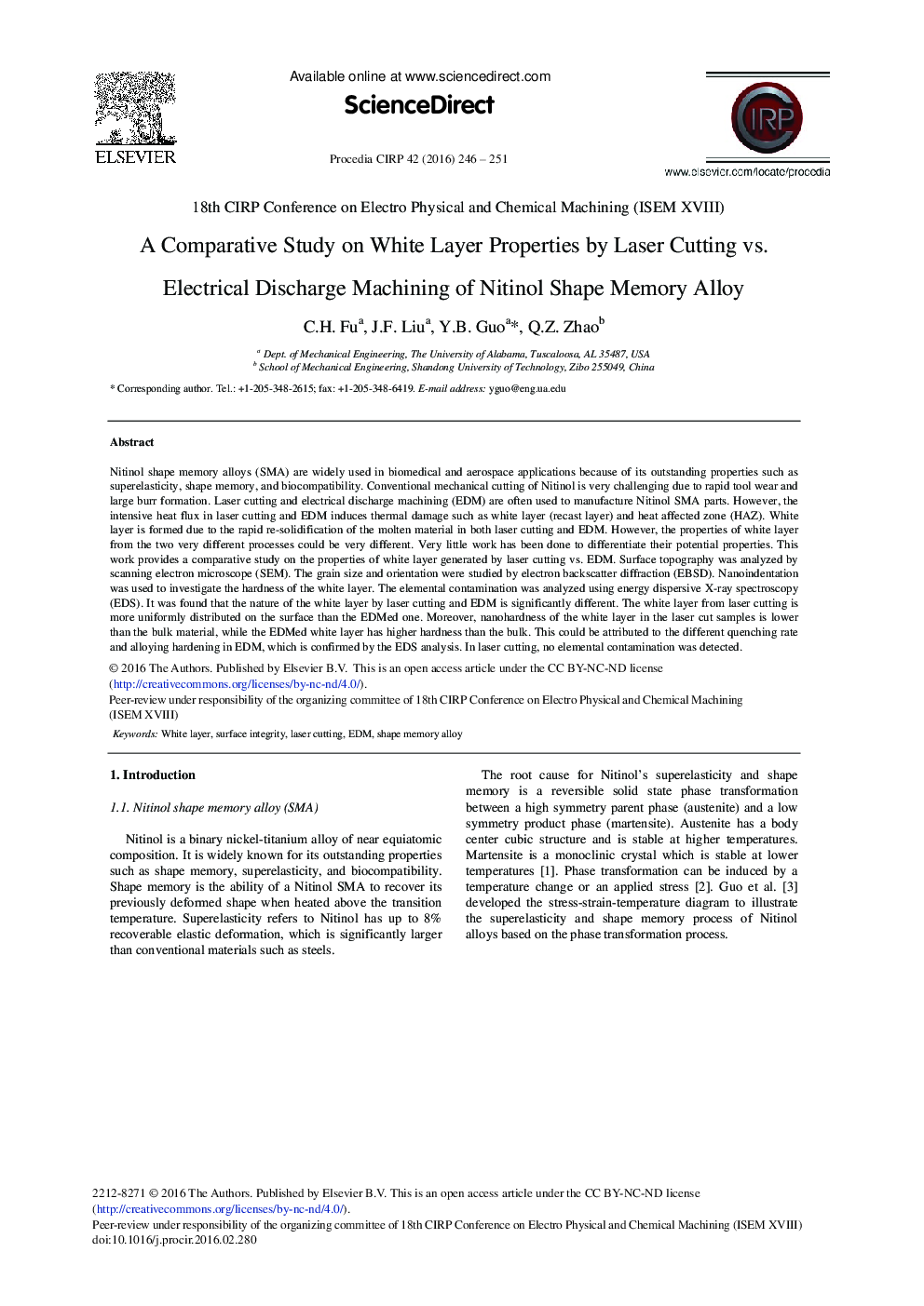 A Comparative Study on White Layer Properties by Laser Cutting vs. Electrical Discharge Machining of Nitinol Shape Memory Alloy 