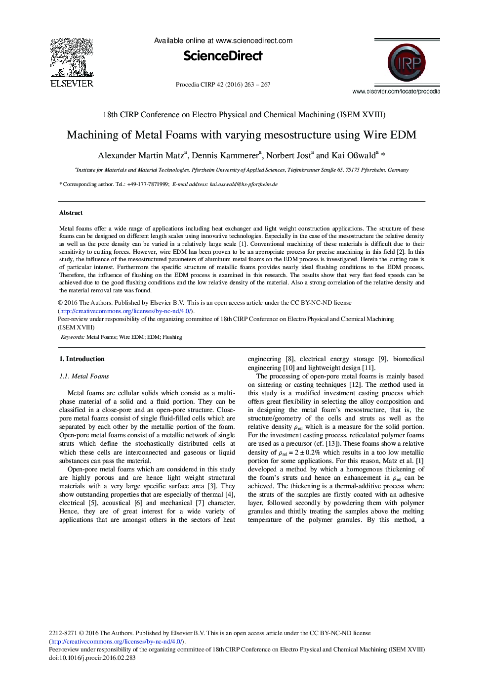 Machining of Metal Foams with Varying Mesostructure Using Wire EDM 