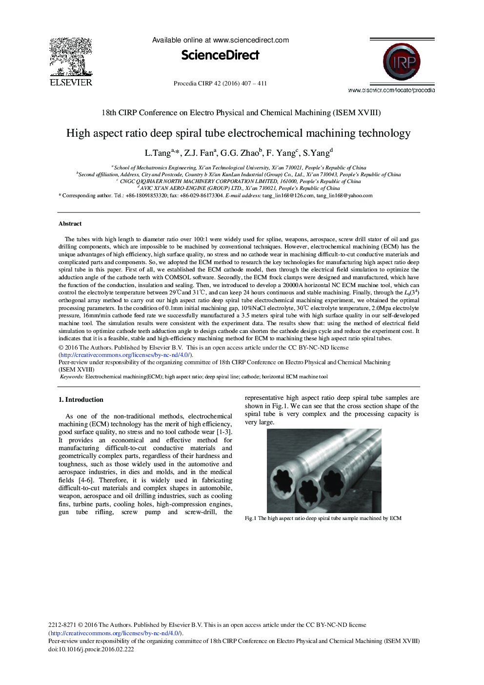 High Aspect Ratio Deep Spiral Tube Electrochemical Machining Technology 