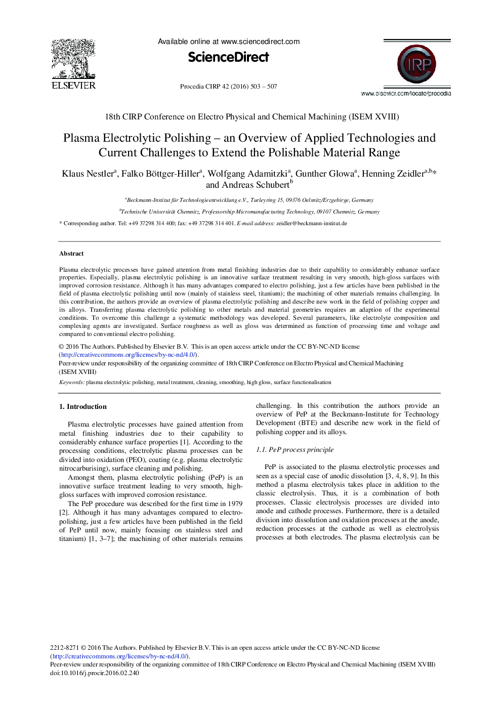 Plasma Electrolytic Polishing – An Overview of Applied Technologies and Current Challenges to Extend the Polishable Material Range 