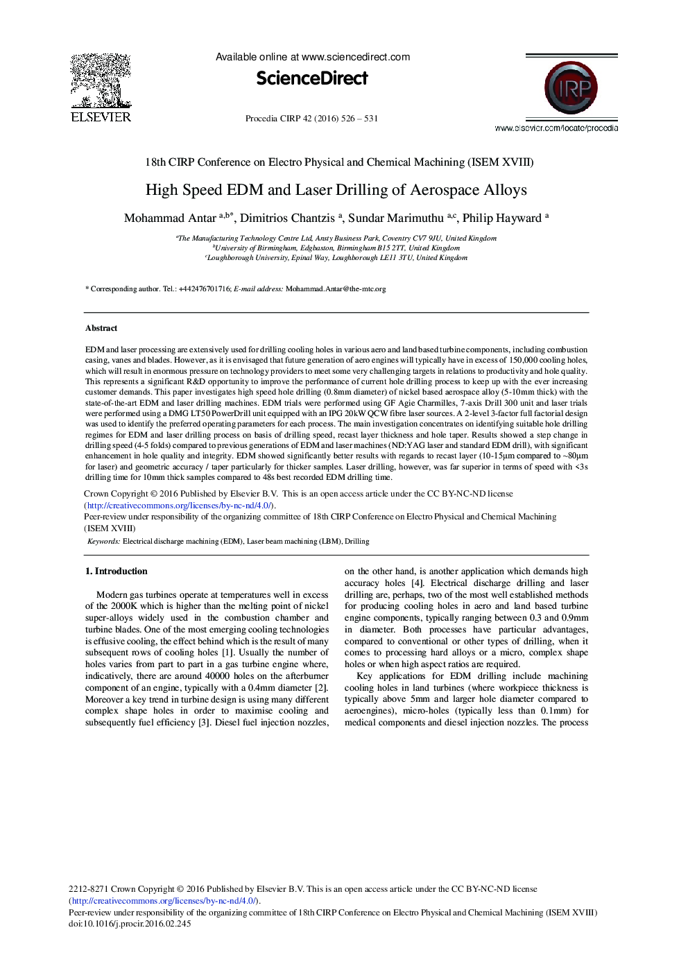 High Speed EDM and Laser Drilling of Aerospace Alloys 