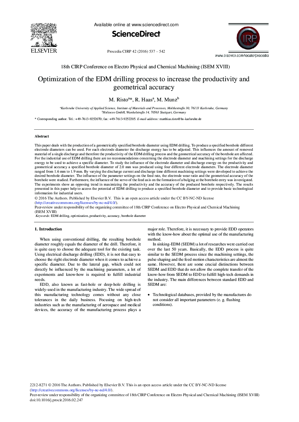 Optimization of the EDM Drilling Process to Increase the Productivity and Geometrical Accuracy 