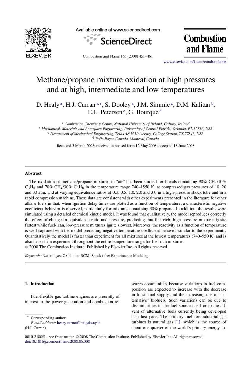 Methane/propane mixture oxidation at high pressures and at high, intermediate and low temperatures