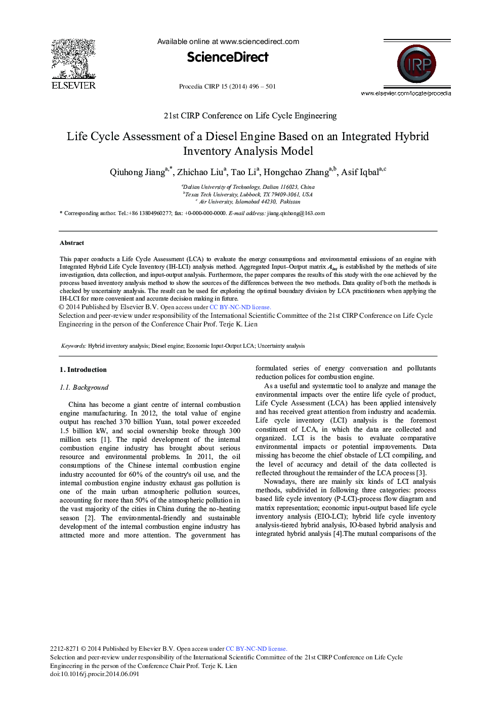 Life Cycle Assessment of a Diesel Engine Based on an Integrated Hybrid Inventory Analysis Model 