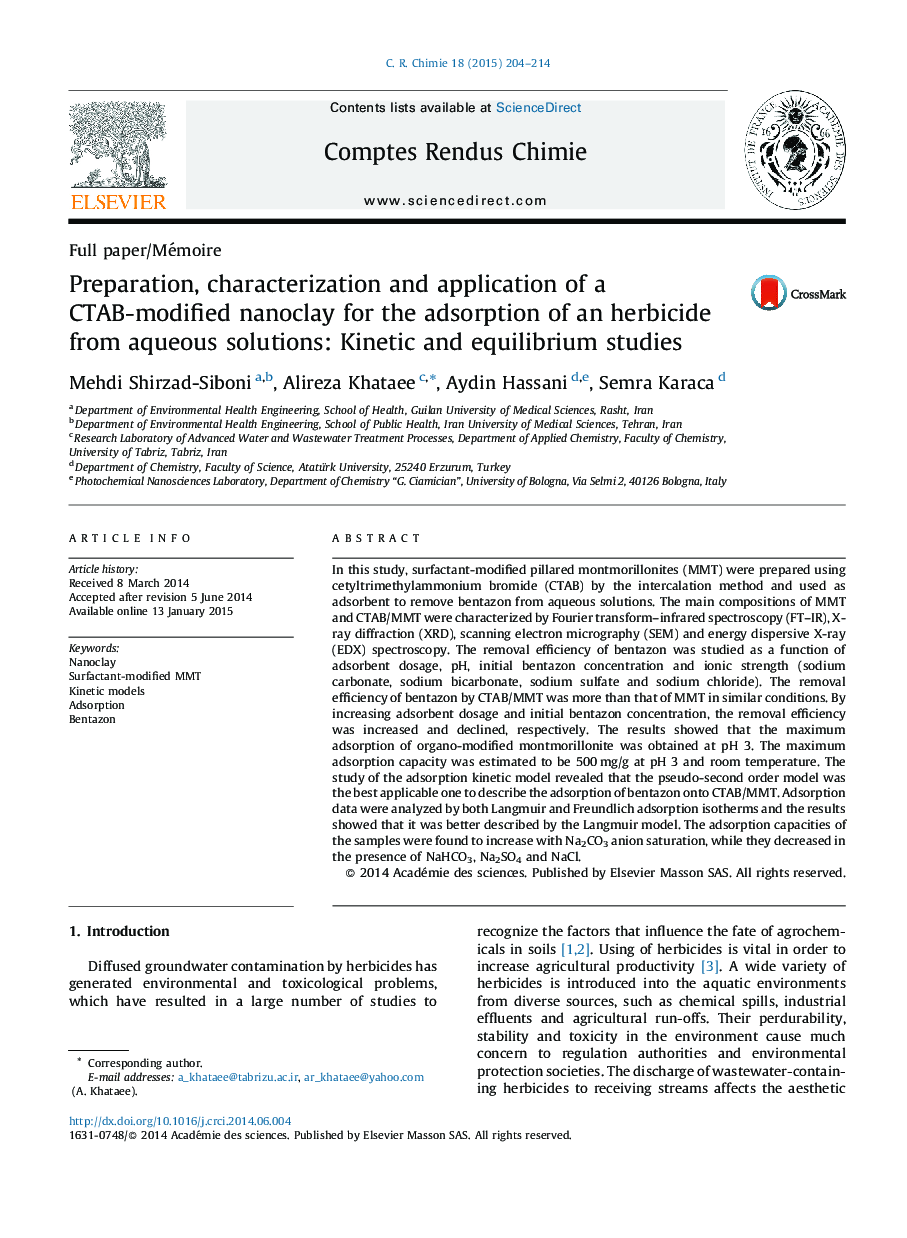 Preparation, characterization and application of a CTAB-modified nanoclay for the adsorption of an herbicide from aqueous solutions: Kinetic and equilibrium studies