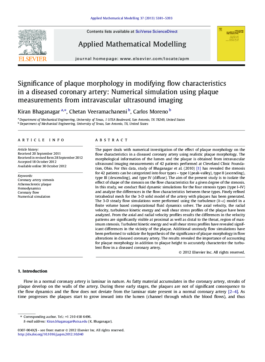 Significance of plaque morphology in modifying flow characteristics in a diseased coronary artery: Numerical simulation using plaque measurements from intravascular ultrasound imaging