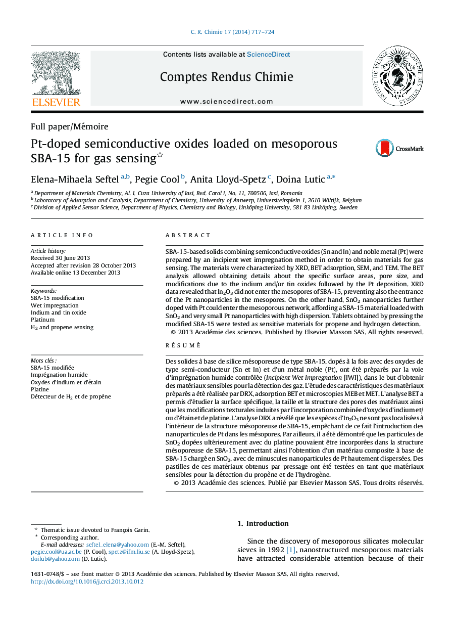 Pt-doped semiconductive oxides loaded on mesoporous SBA-15 for gas sensing 