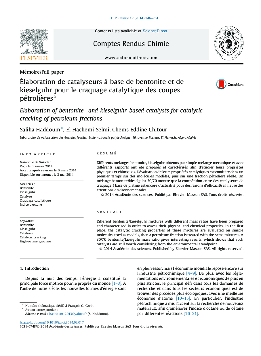 Élaboration de catalyseurs à base de bentonite et de kieselguhr pour le craquage catalytique des coupes pétrolières 