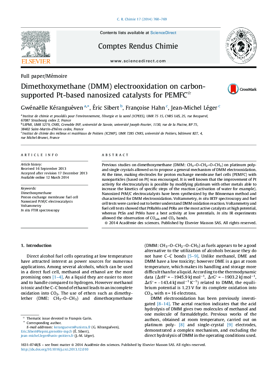 Dimethoxymethane (DMM) electrooxidation on carbon-supported Pt-based nanosized catalysts for PEMFC 