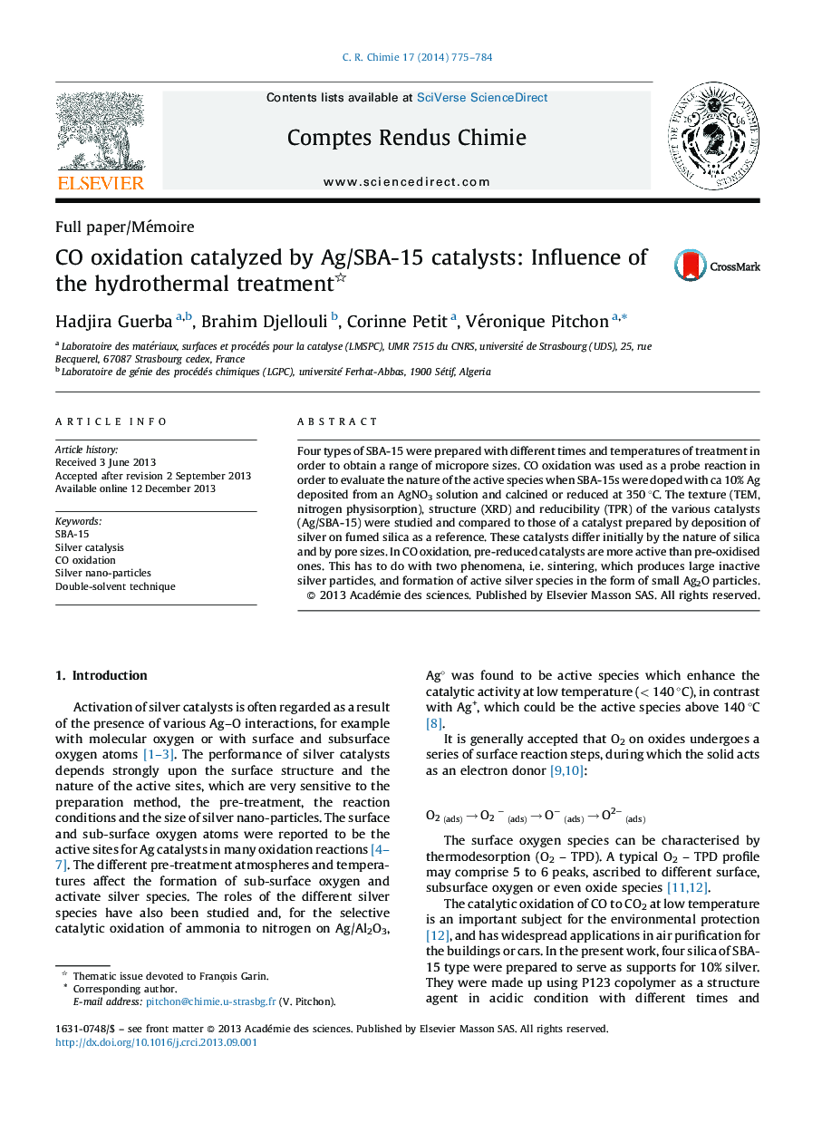 CO oxidation catalyzed by Ag/SBA-15 catalysts: Influence of the hydrothermal treatment 