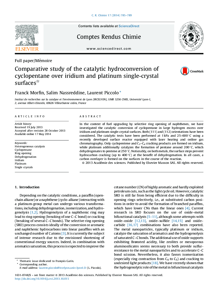 Comparative study of the catalytic hydroconversion of cyclopentane over iridium and platinum single-crystal surfaces 