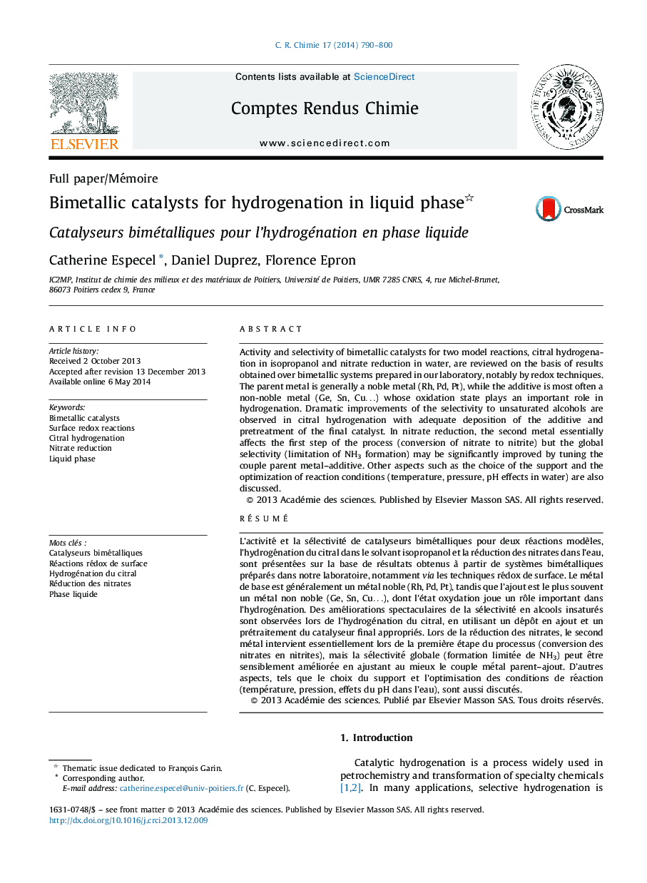 Bimetallic catalysts for hydrogenation in liquid phase 
