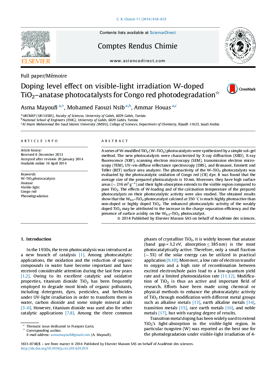 Doping level effect on visible-light irradiation W-doped TiO2–anatase photocatalysts for Congo red photodegradation 