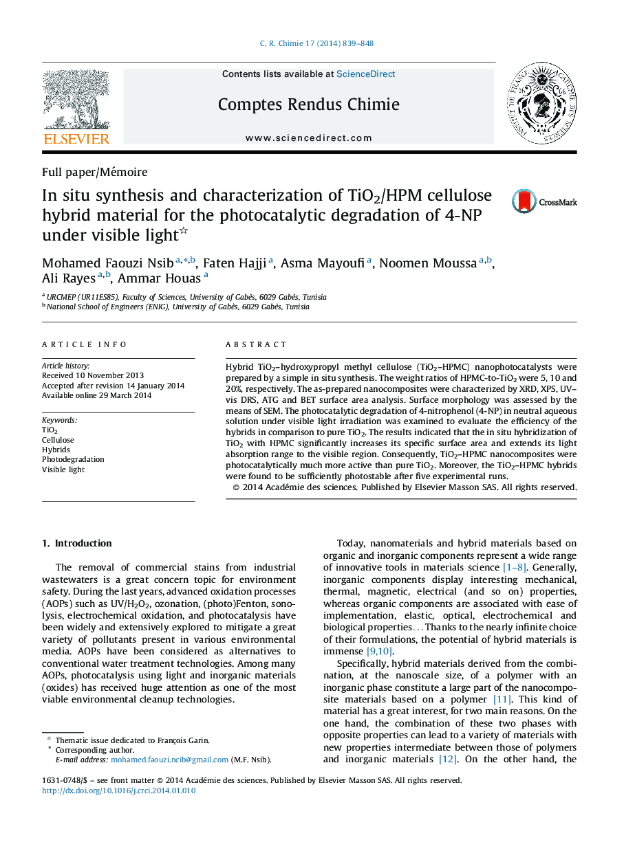 In situ synthesis and characterization of TiO2/HPM cellulose hybrid material for the photocatalytic degradation of 4-NP under visible light 