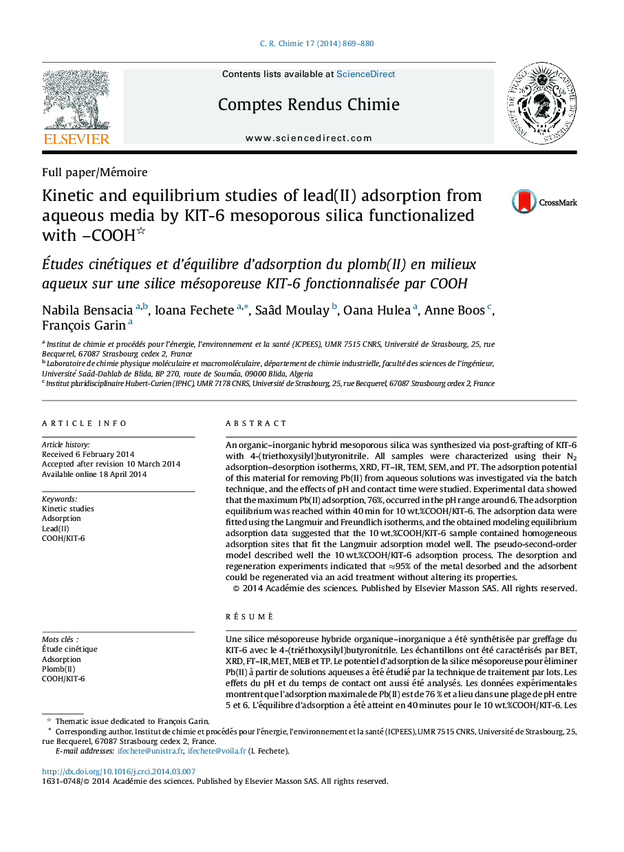 Kinetic and equilibrium studies of lead(II) adsorption from aqueous media by KIT-6 mesoporous silica functionalized with –COOH 