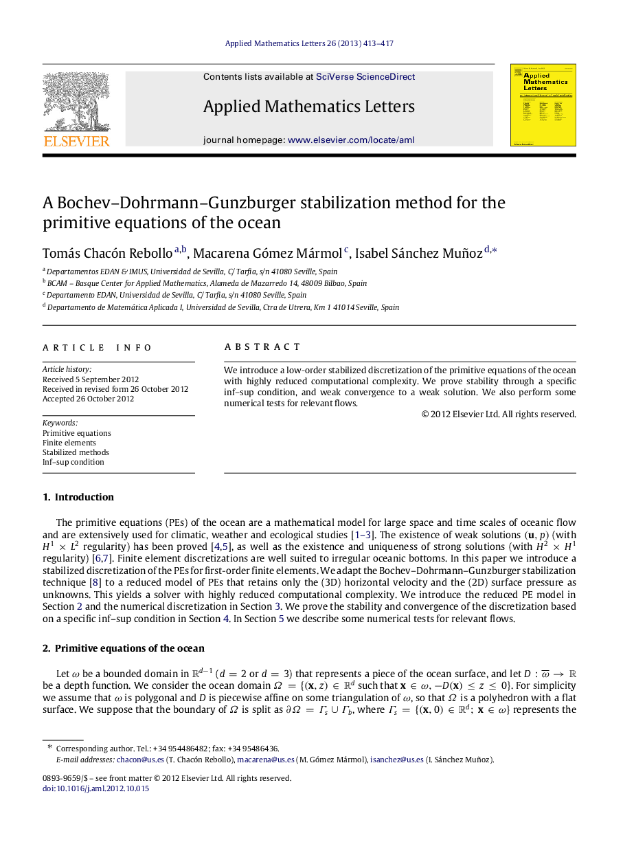 A Bochev–Dohrmann–Gunzburger stabilization method for the primitive equations of the ocean