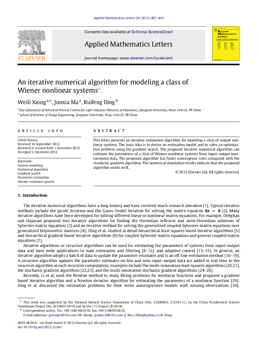 An iterative numerical algorithm for modeling a class of Wiener nonlinear systems